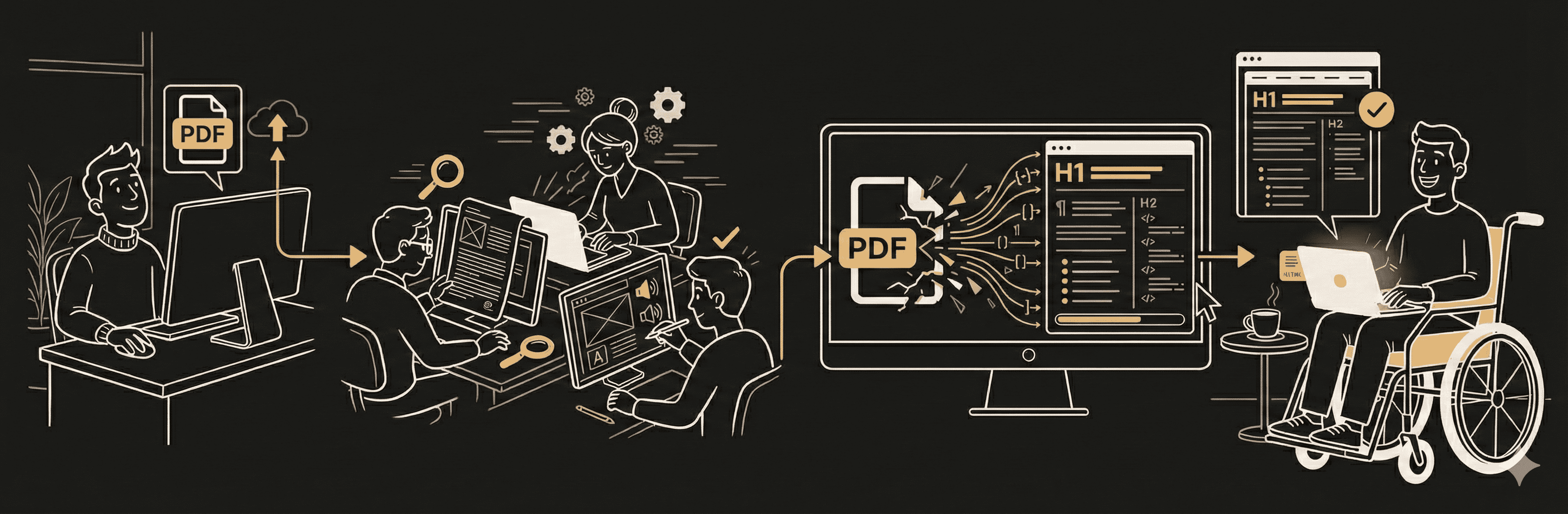 Illustrated workflow of human-led document conversion from source files to WCAG 2.2-ready HTML with managed lifecycle operations.